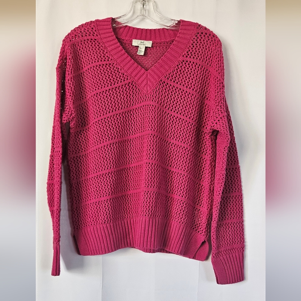 H Halston Women's Pink waffle knit v neck sweater‎ size xs